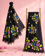 Pushpika – Black Cotton Saree with Hand-Painted Floral Art