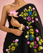 Pushpika – Black Cotton Saree with Hand-Painted Floral Art