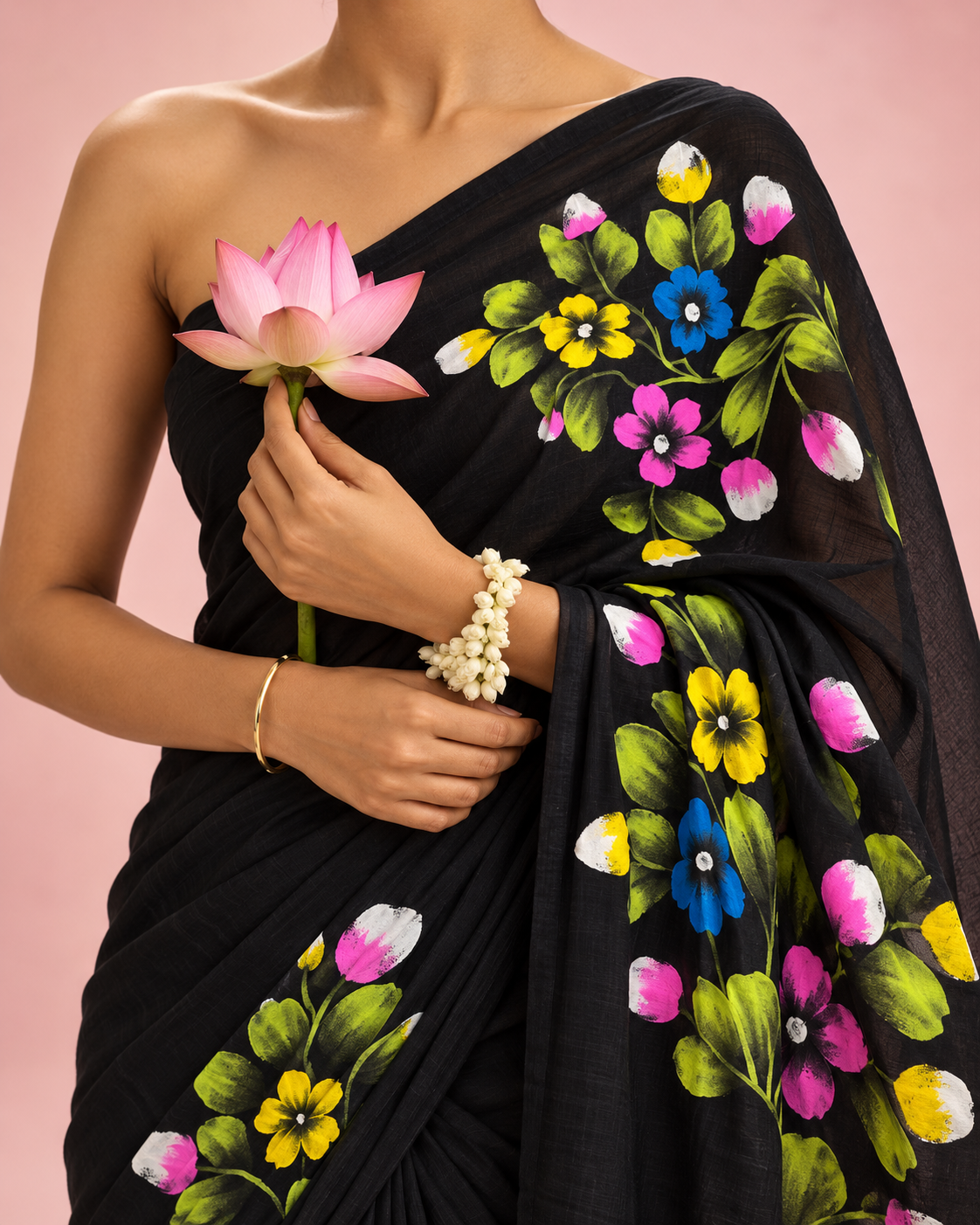 Pushpika – Black Cotton Saree with Hand-Painted Floral Art