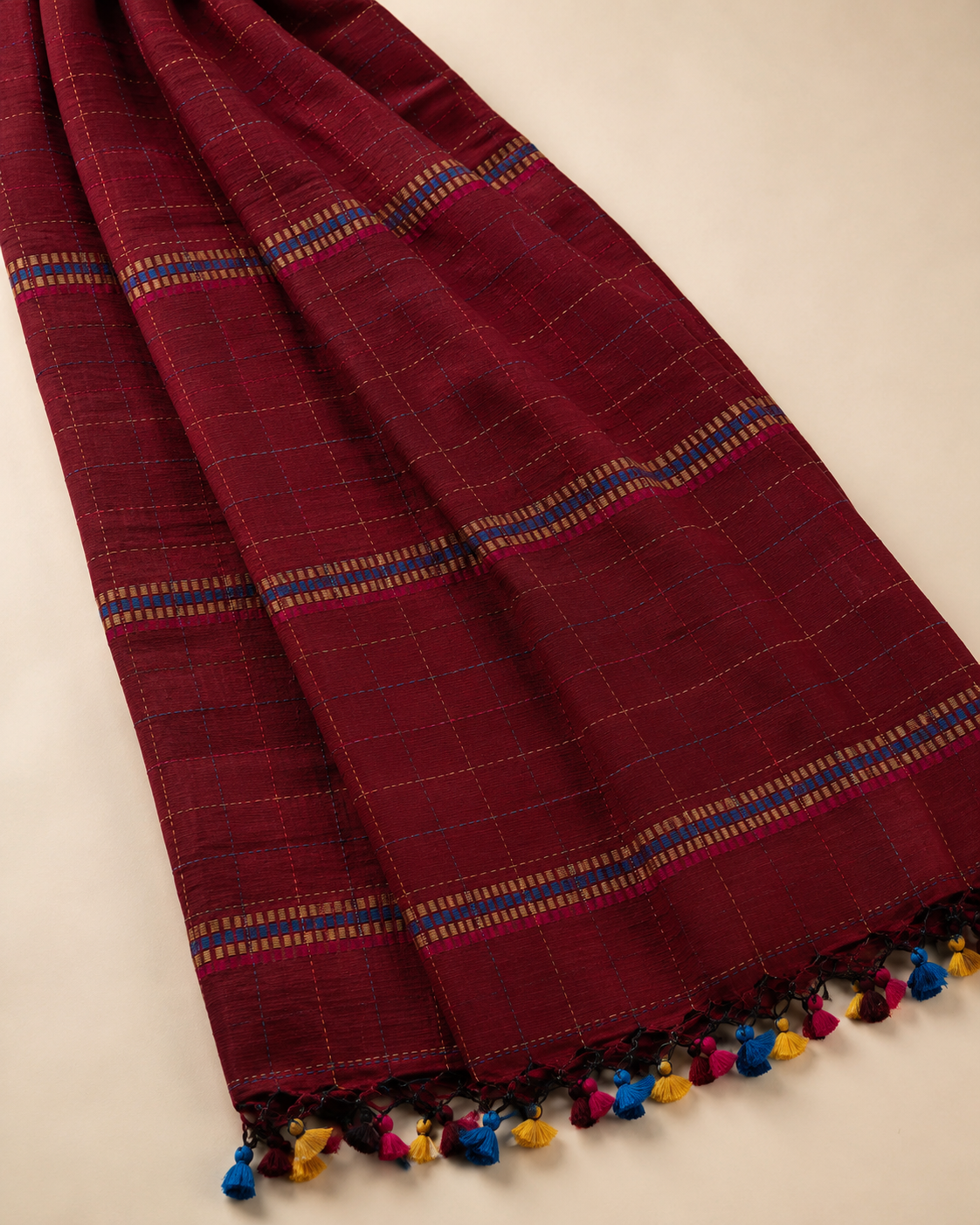 Ragini – Maroon Cotton Saree with Kantha Work