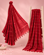 Raktima – Scarlet Red Cotton-Silk Saree with Golden Sequin Checks