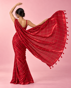 Raktima – Scarlet Red Cotton-Silk Saree with Golden Sequin Checks