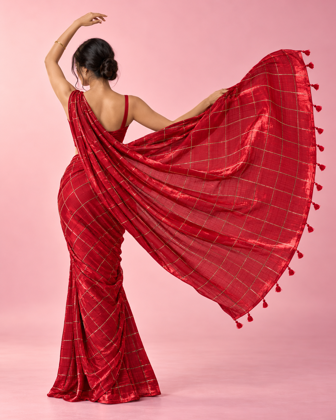 Raktima – Scarlet Red Cotton-Silk Saree with Golden Sequin Checks