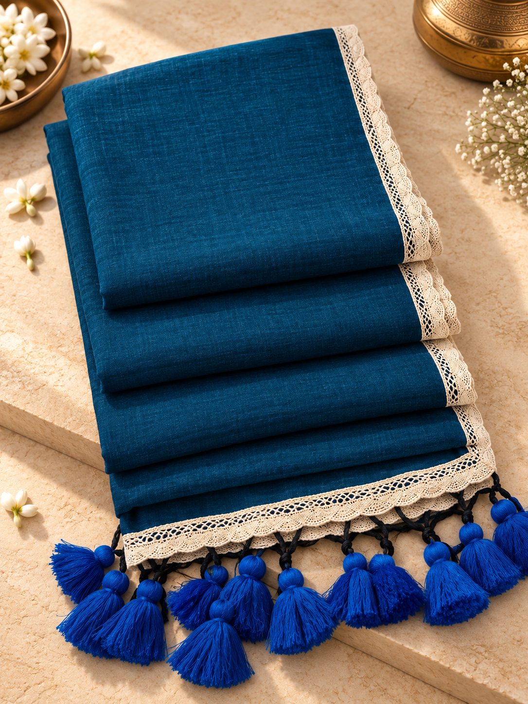 Rasika – Blue Cotton Saree with Lace Border