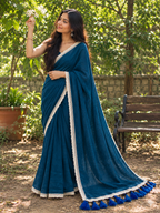 Rasika – Blue Cotton Saree with Lace Border