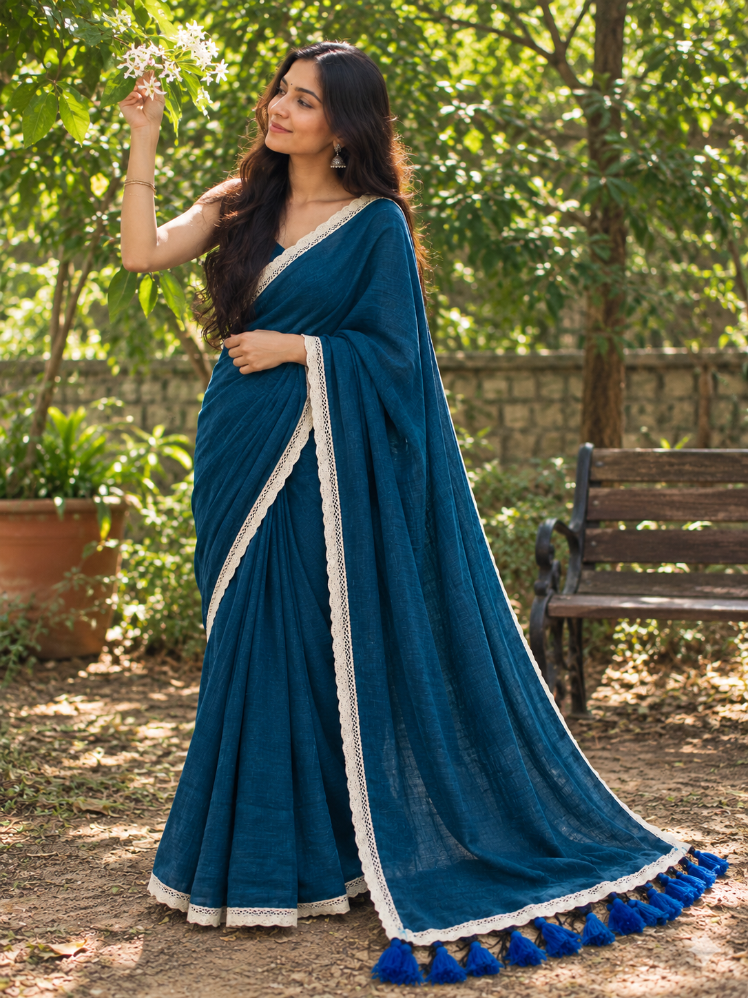 Rasika – Blue Cotton Saree with Lace Border