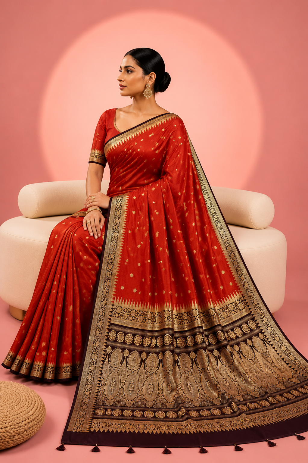 Sayali – Rust Brown Banarasi Silk Saree with Temple Zari Border