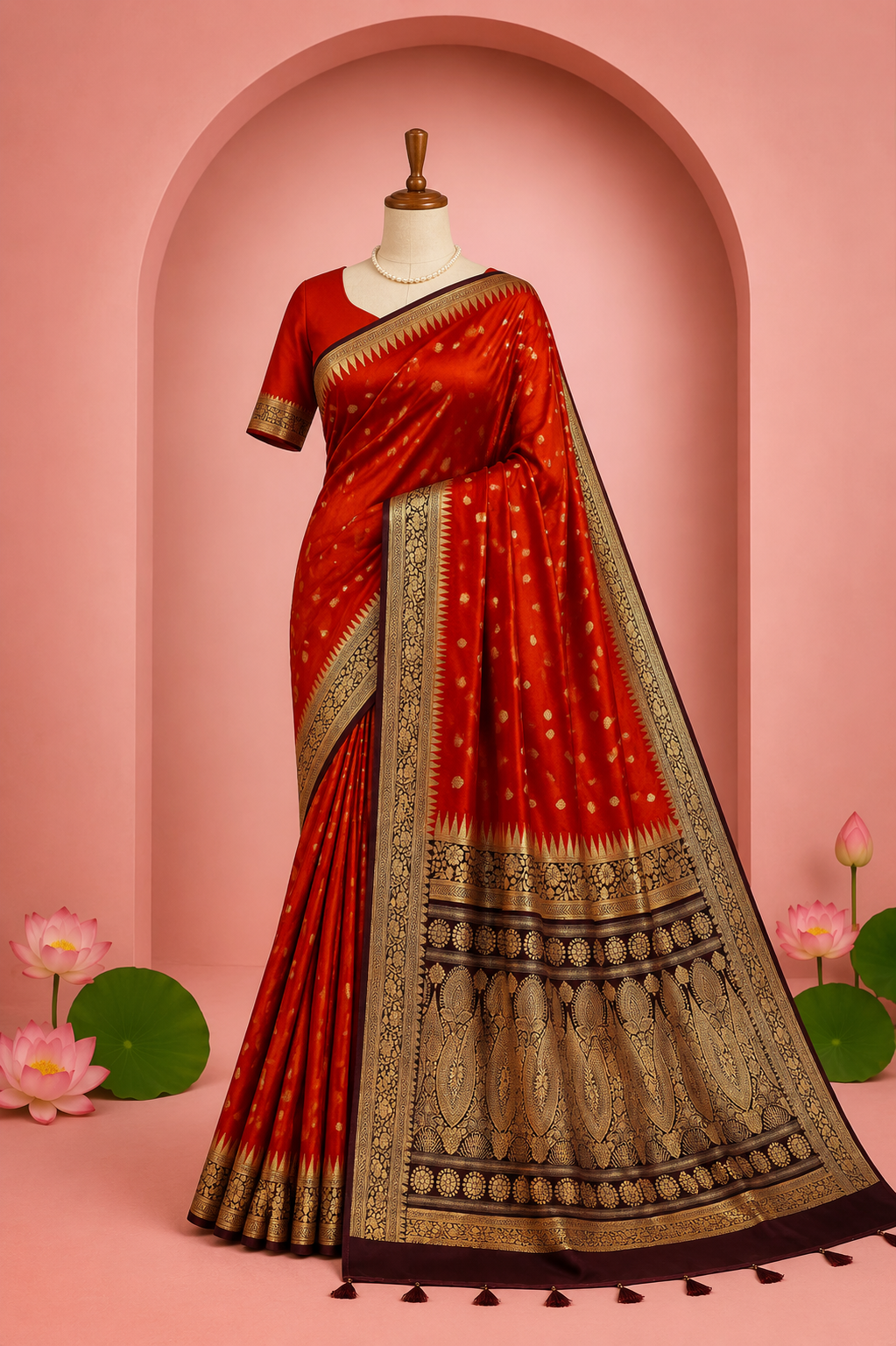 Sayali – Rust Brown Banarasi Silk Saree with Temple Zari Border
