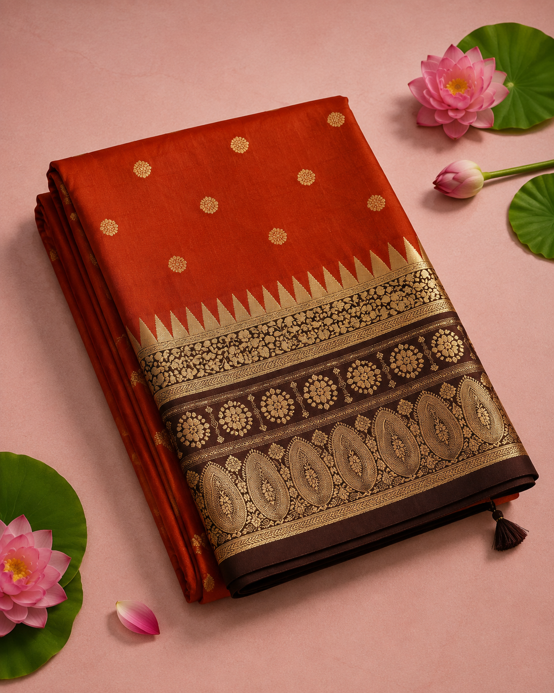 Sayali – Rust Brown Banarasi Silk Saree with Temple Zari Border