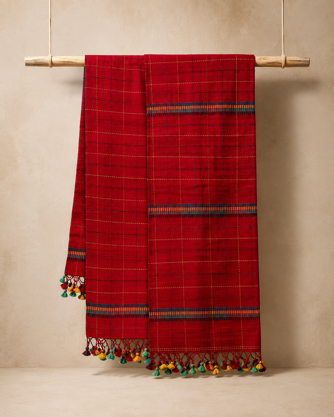 Shamal – Red Cotton Saree with Kantha Work