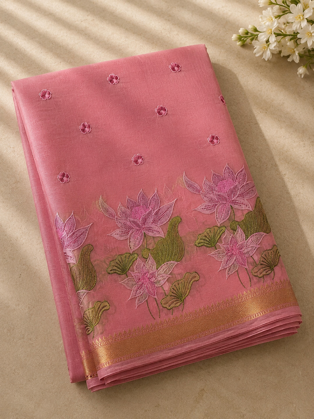 Shobha – Cotton Saree with Lotus Embroidery