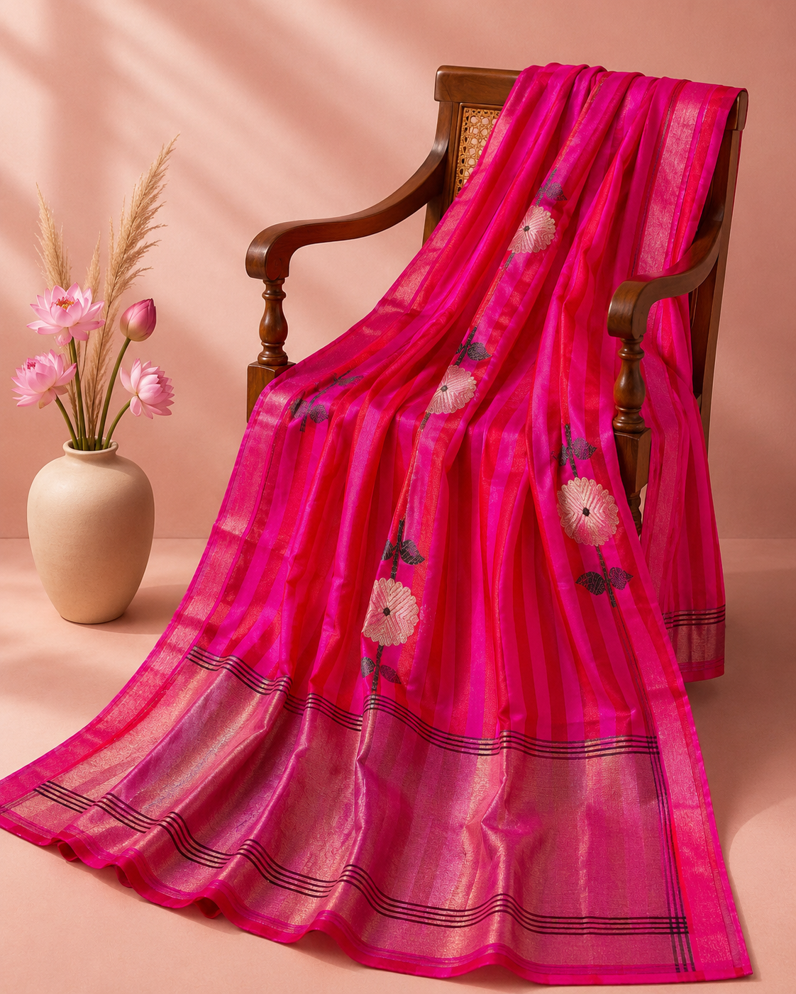 Shubhangi – Bright Pink Strips Chanderi Silk Saree