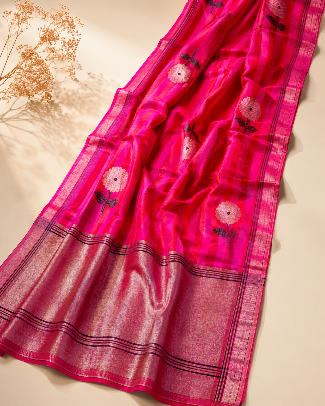 Shubhangi – Bright Pink Strips Chanderi Silk Saree