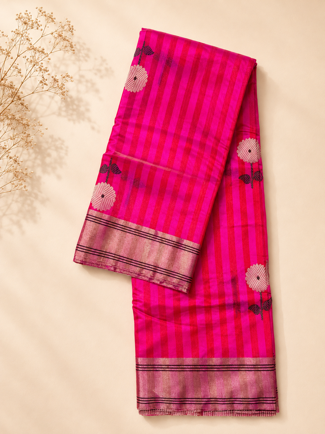 Shubhangi – Bright Pink Strips Chanderi Silk Saree