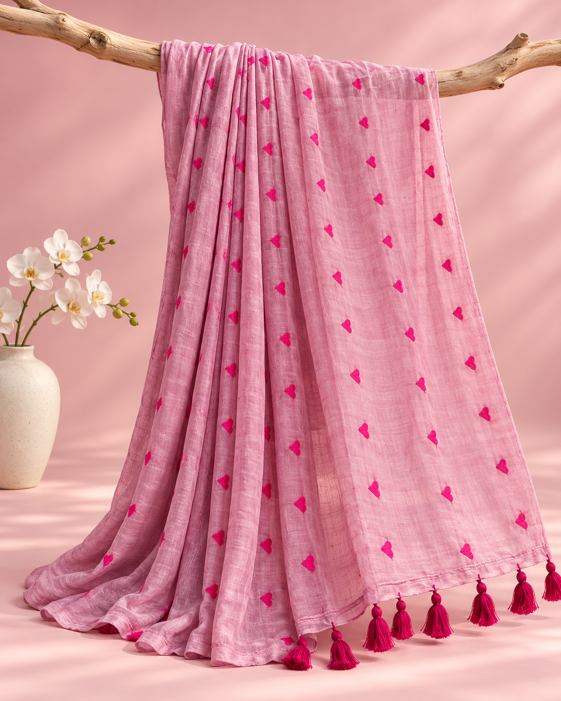 Sneha – Light Pink Mul Cotton Saree with Red Heart Embroidery
