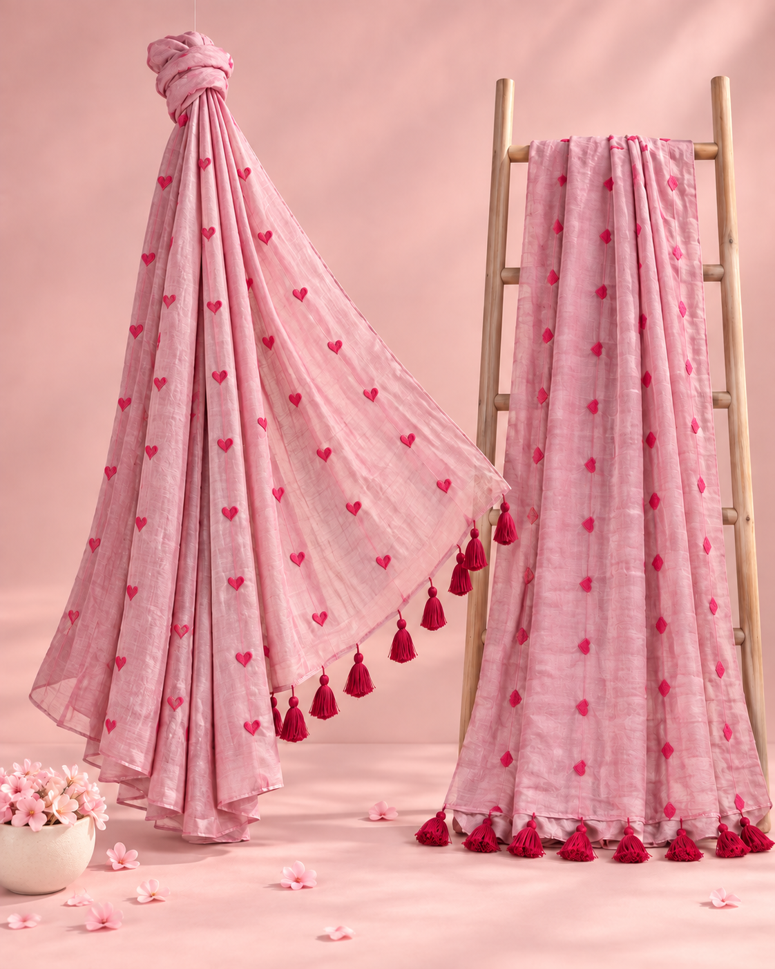 Sneha – Light Pink Mul Cotton Saree with Red Heart Embroidery