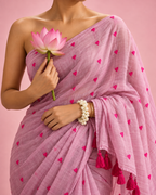 Sneha – Light Pink Mul Cotton Saree with Red Heart Embroidery