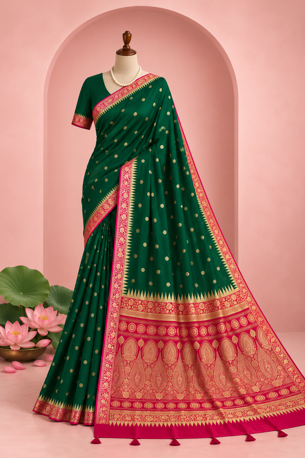 Tulsi – Green Banarasi Silk Saree with Temple Zari Border