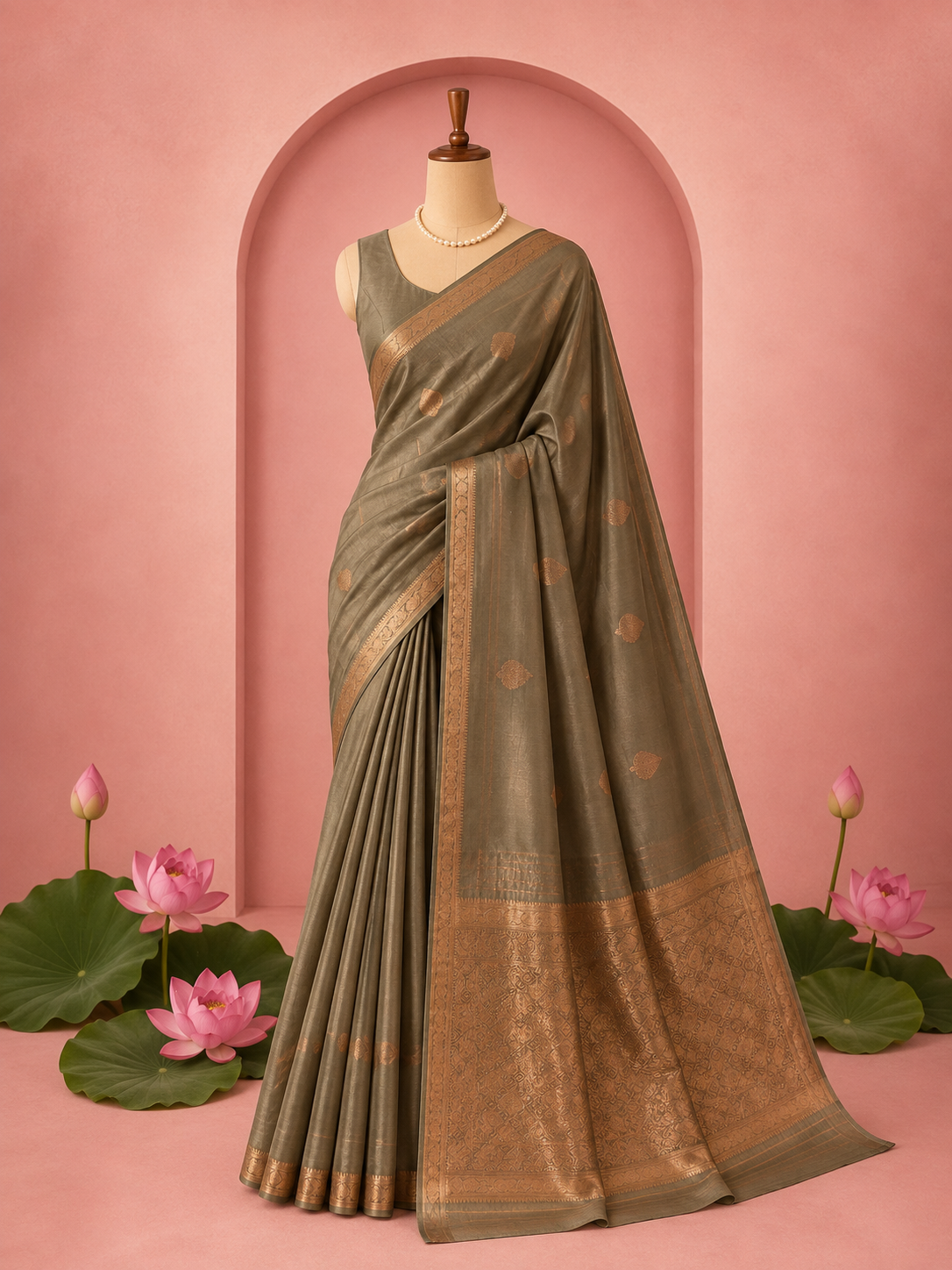Vandana – Olive Green Kora Banarasi Organza Saree