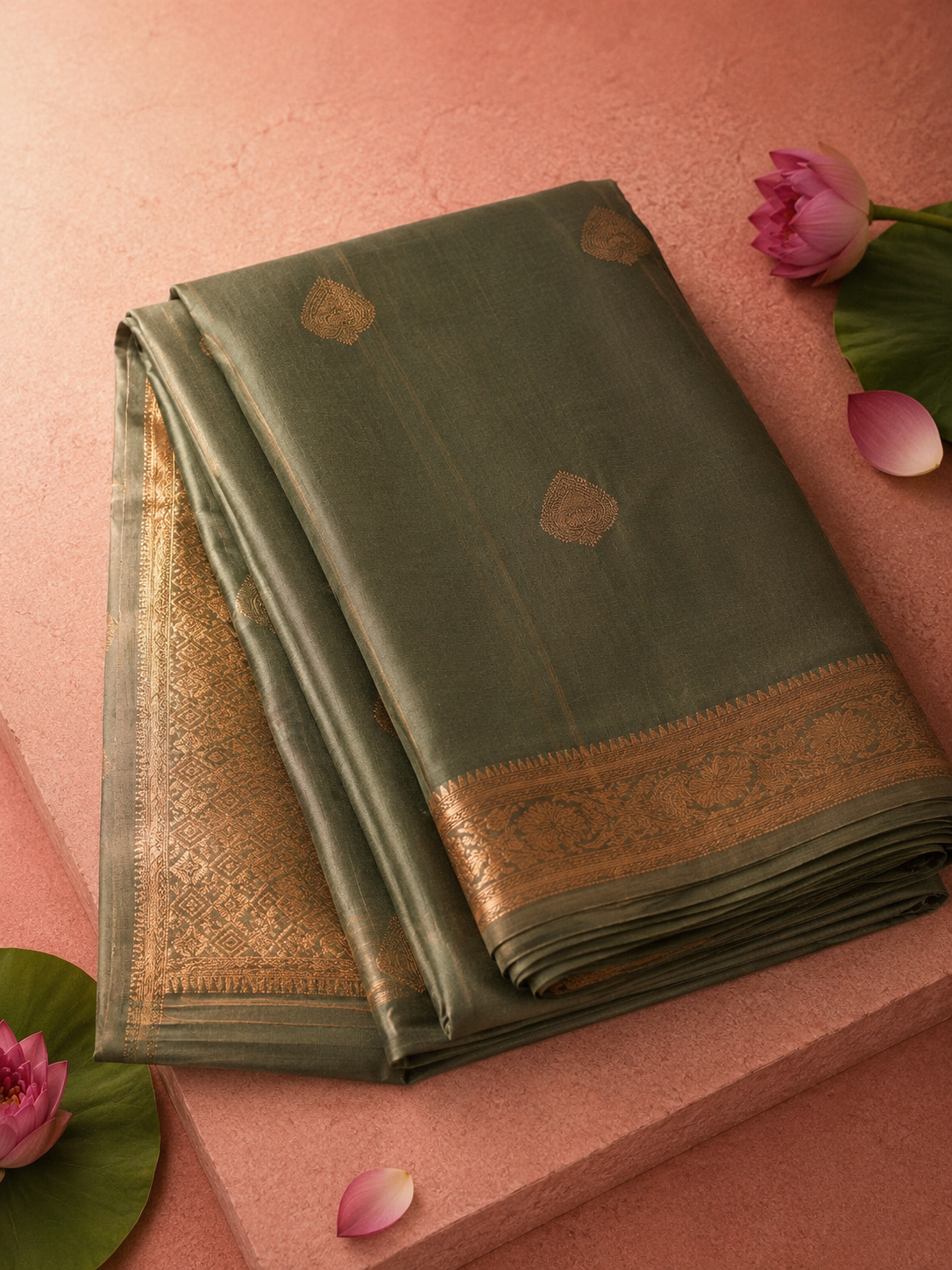 Vandana – Olive Green Kora Banarasi Organza Saree