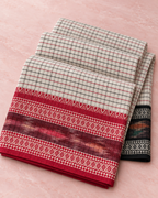 Yugma – White Checked Cotton Saree with Red and Black Borders