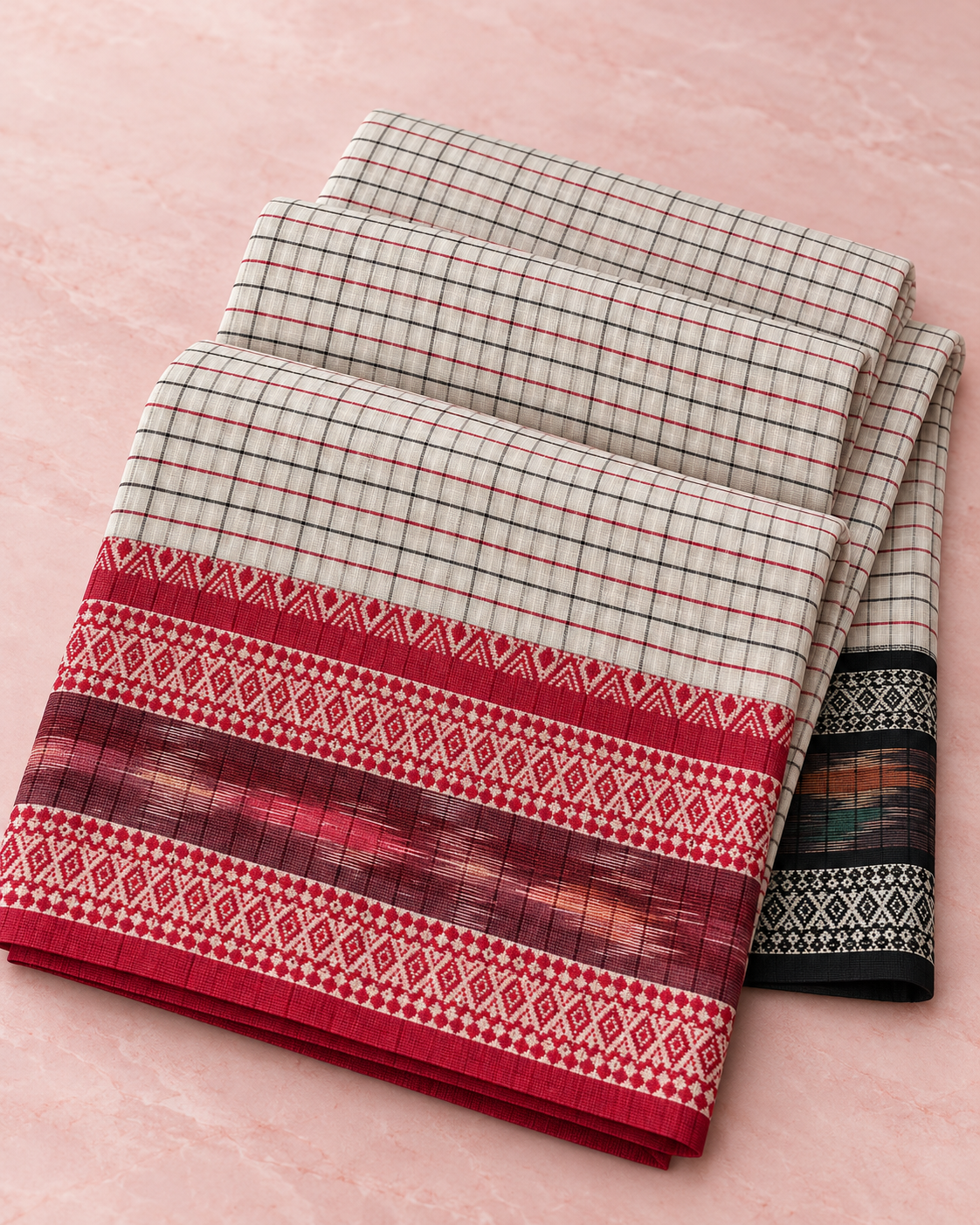 Yugma – White Checked Cotton Saree with Red and Black Borders