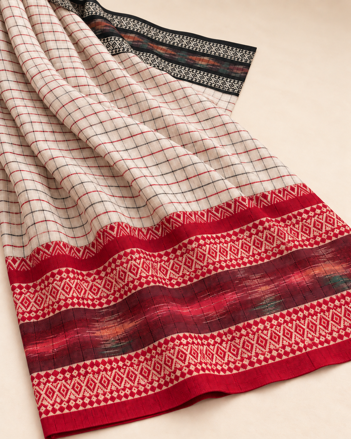Yugma – White Checked Cotton Saree with Red and Black Borders