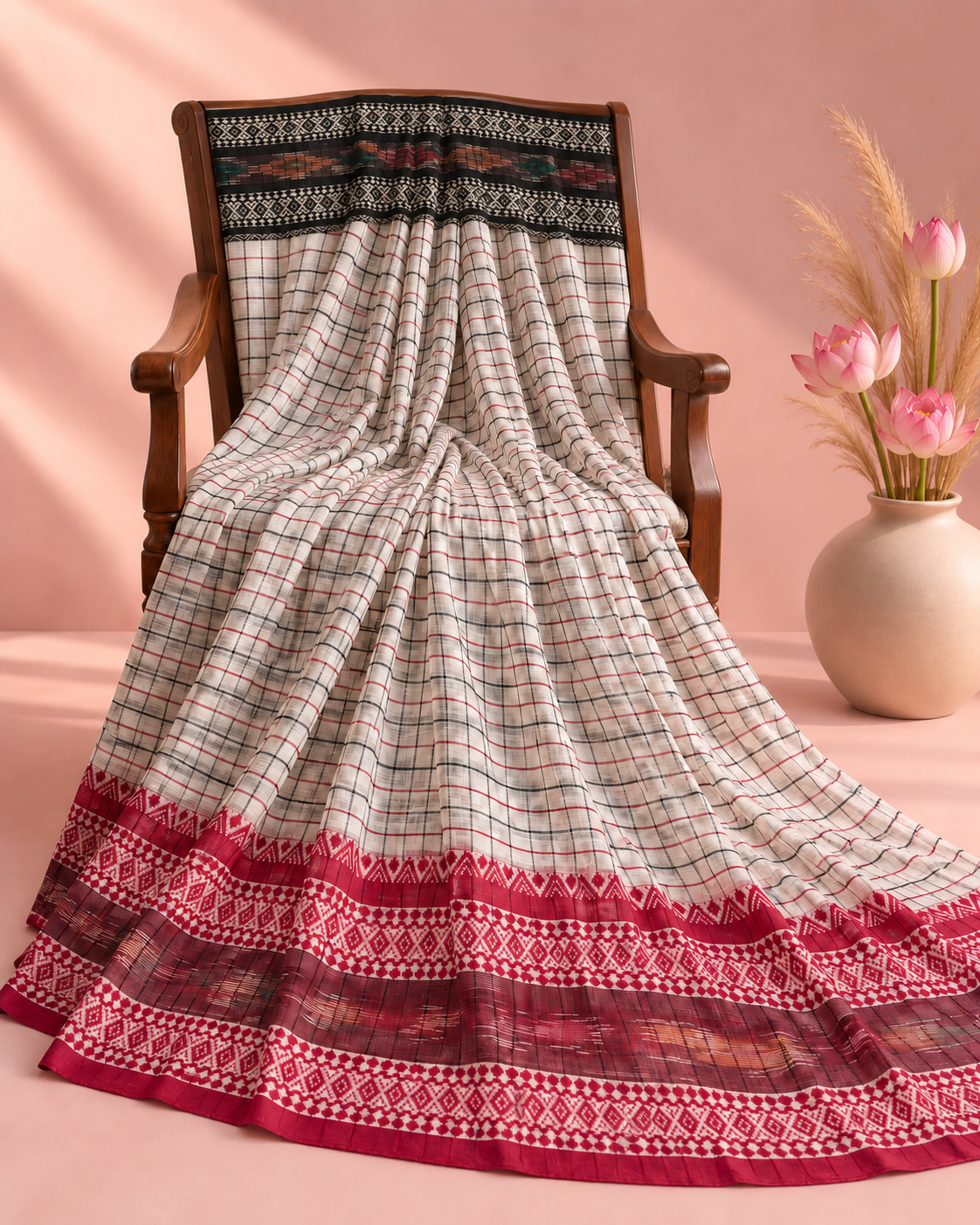 Yugma – White Checked Cotton Saree with Red and Black Borders